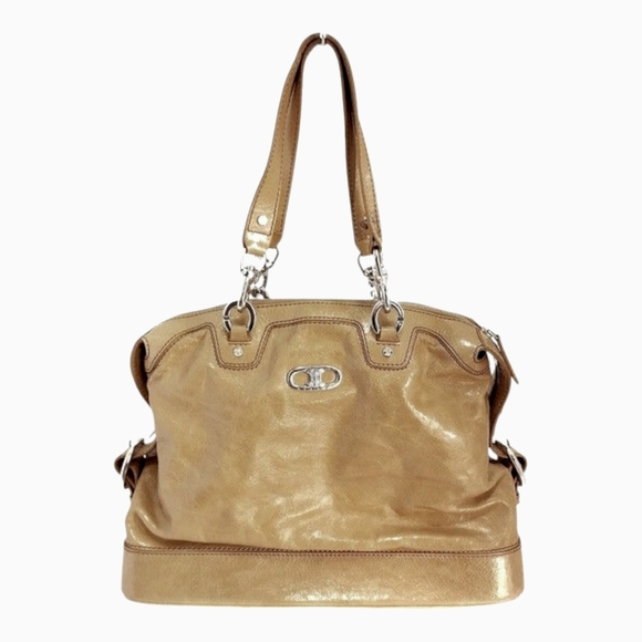 CELINE Wrinkled Patent Leather Handbag Shoulder Bag Beige Tan‎ Tote Triomphe - Picture 1 of 16